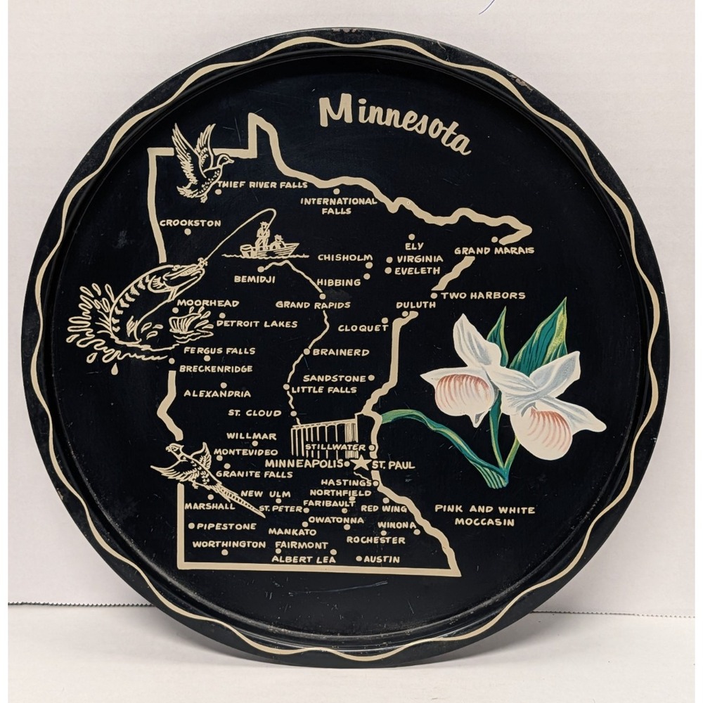 Vintage Minnesota State Map Tin Tole Tray Pink & White Moccasin Black 11" D